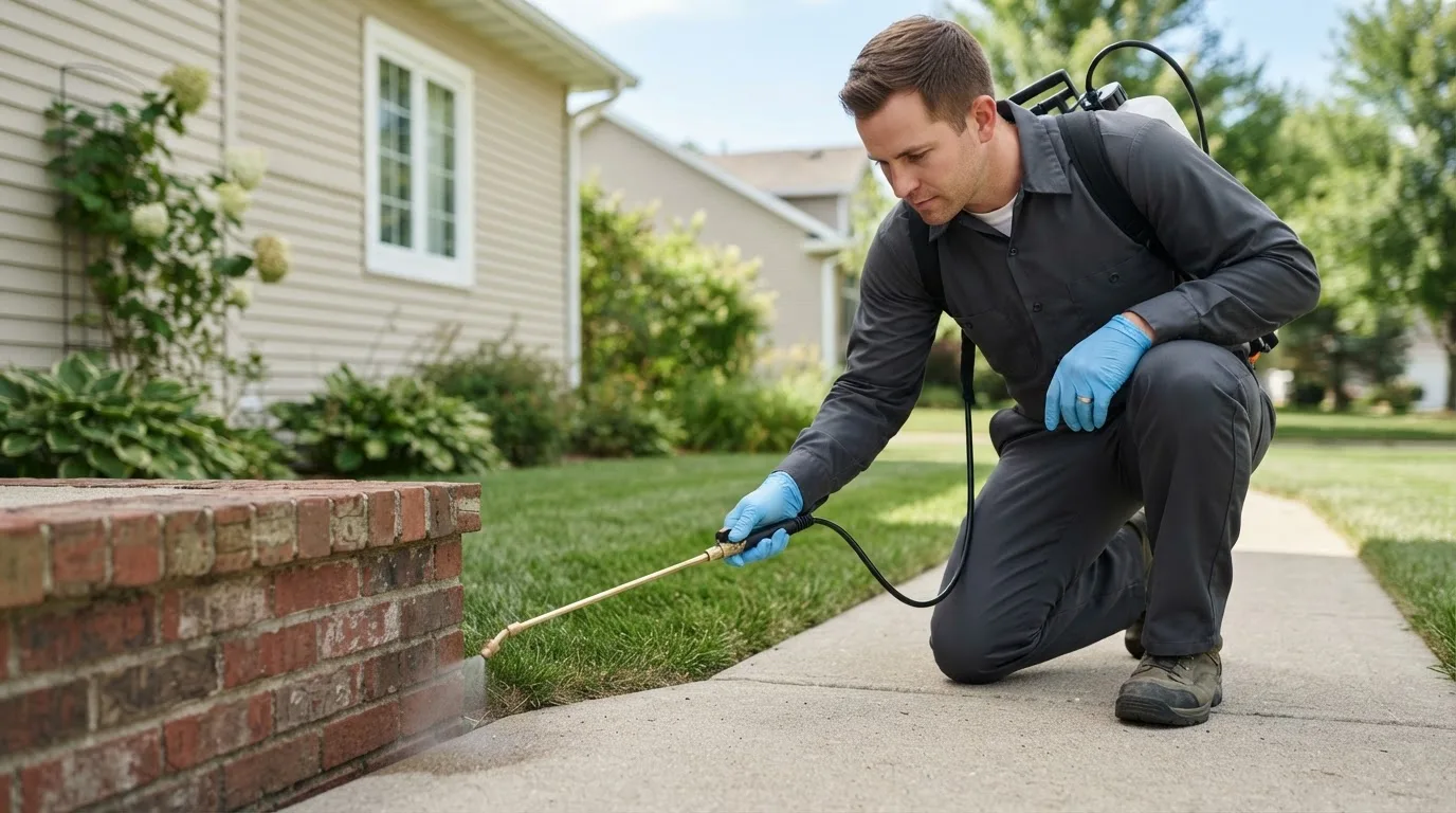 Pest control technician treating a home near Templeton, IA
