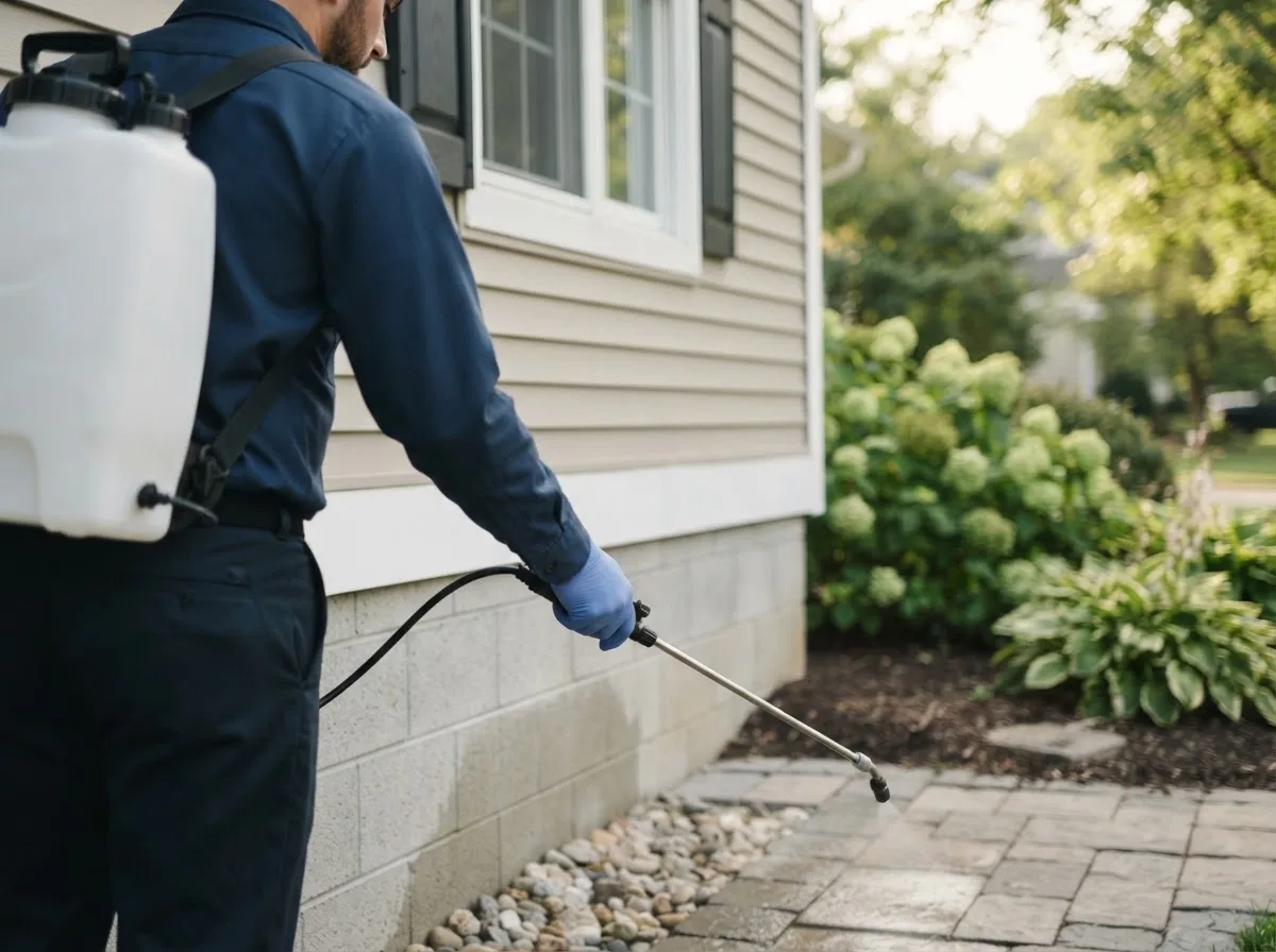 Pest control technician inspecting a home in Templeton, IA